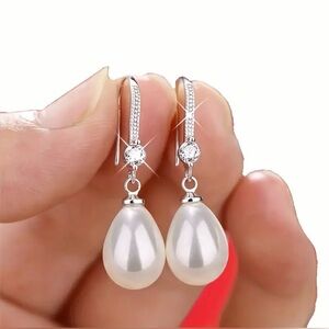 Women Zirconia drop pearl silver earrings New